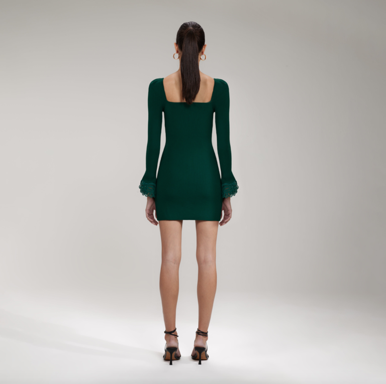 Self Portrait Dark Green Inserted Lace Ribbed Knit Mini Dress