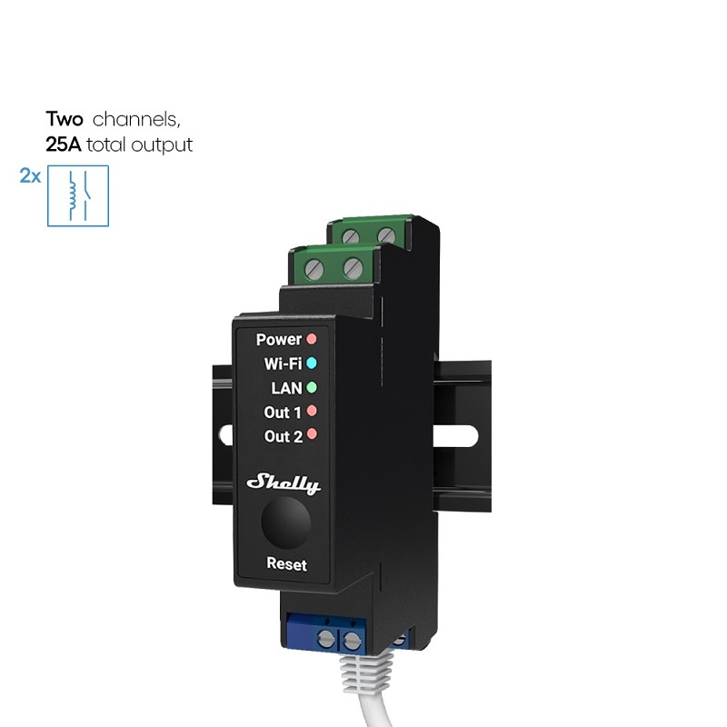 SHELLY Pro 2PM, Din Relay Switch with power metering 2x16A, LAN, Bluetooth,  WiFi