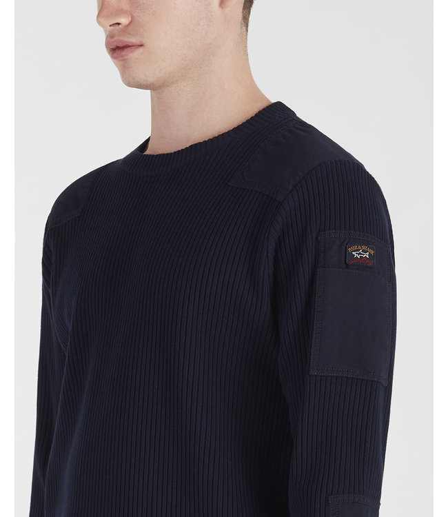 Paul & Shark Trui, Katoen Met Schouder Patches, Donkerblauw