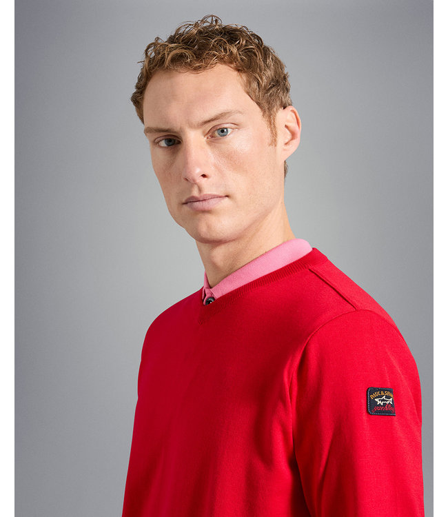 Paul & Shark 4-Seizoenen, Trui, V-Hals, Merino Wol, Rood