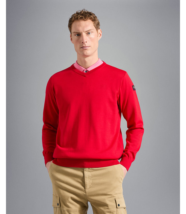 Paul & Shark 4-Seizoenen, Trui, V-Hals, Merino Wol, Rood