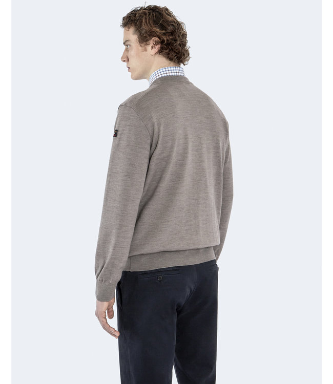 Paul & Shark Paul & Shark, Trui Merino Wol, Ronde Hals, Beige met Bruin Suede Accent