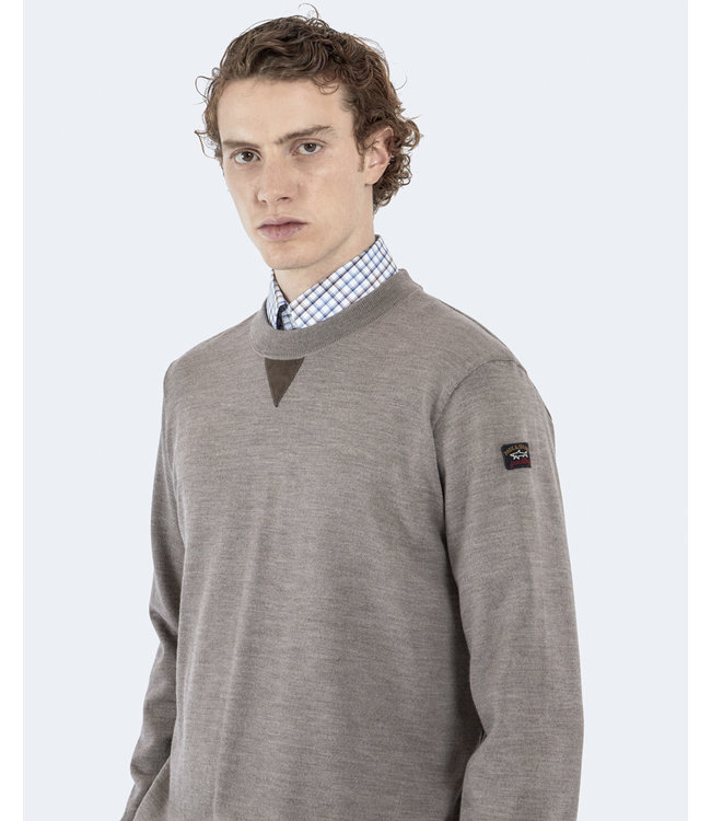 Paul & Shark Paul & Shark, Trui Merino Wol, Ronde Hals, Beige met Bruin Suede Accent