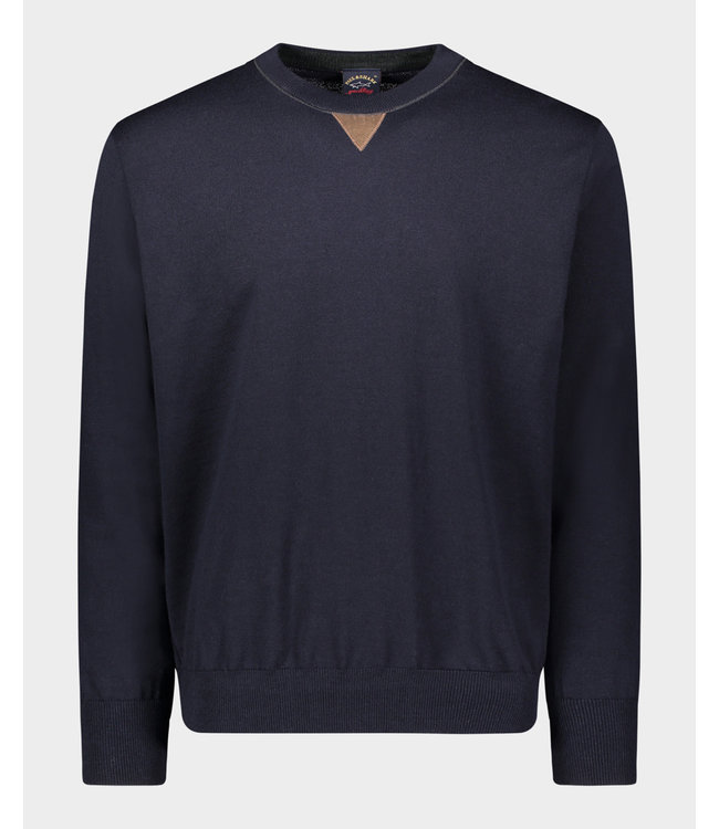 Paul & Shark Paul & Shark, Trui Merino Wol, Ronde Hals, Donkerblauw met Bruin Suede Accent