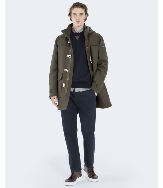 Paul & Shark Paul & Shark, Trui Merino Wol, Ronde Hals, Donkerblauw met Bruin Suede Accent