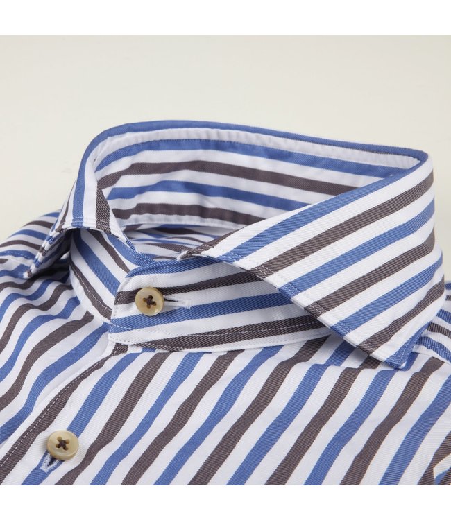 Stenstroms Overhemd, Twill Katoen, Lange Mouw, Blauw, Bruin, Wit, Gestreept, Casual, New Slimline