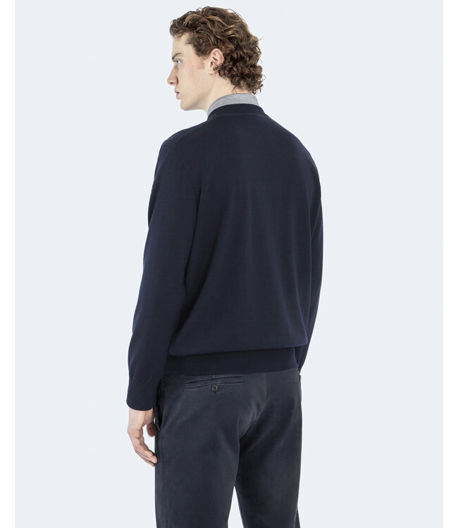 Paul & Shark Paul & Shark, Trui Merino Wol, Ronde Hals, Jeans Blauw met Bruin Suede Accent