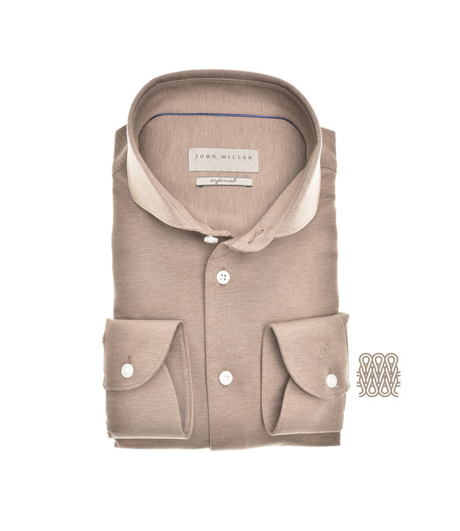 John Miller John Miller, Jersey Stretch Overhemd, Beige, Cutaway Kraag