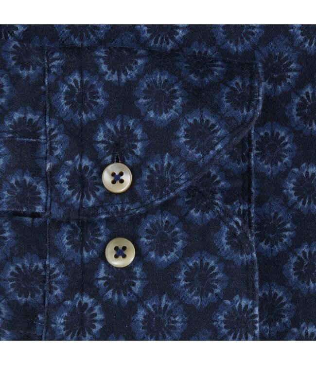 Stenstroms Overhemd, Katoen, Denimblauw Bloemdessin, Lange Mouw, Slimline