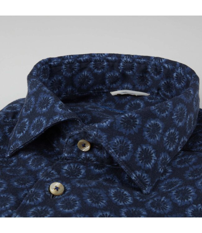 Stenstroms Overhemd, Katoen, Denimblauw Bloemdessin, Lange Mouw, Slimline