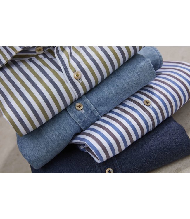 Stenstroms Overhemd, Twill Katoen, Lange Mouw, Groen, Blauw Gestreept, Casual, New Slimline