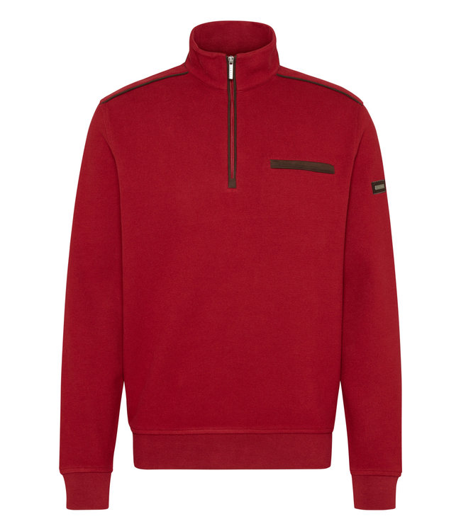 Bugatti Half-Zip Trui, Katoen met Bruin Suede Accenten, Rood