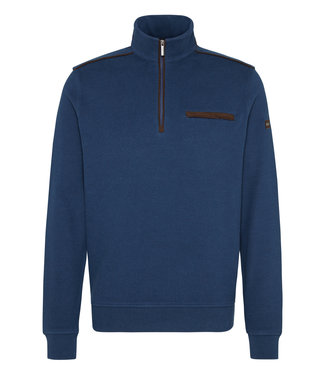 Bugatti Bugatti, Half-Zip Trui, Katoen , Blauw met Bruin Suede Accenten