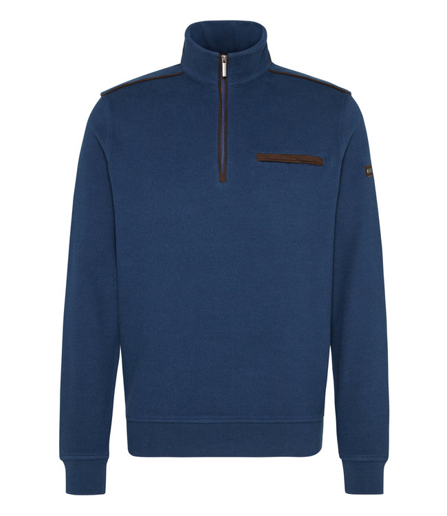 Bugatti Half-Zip Trui, Katoen, Blauw met Bruin Suede Accenten