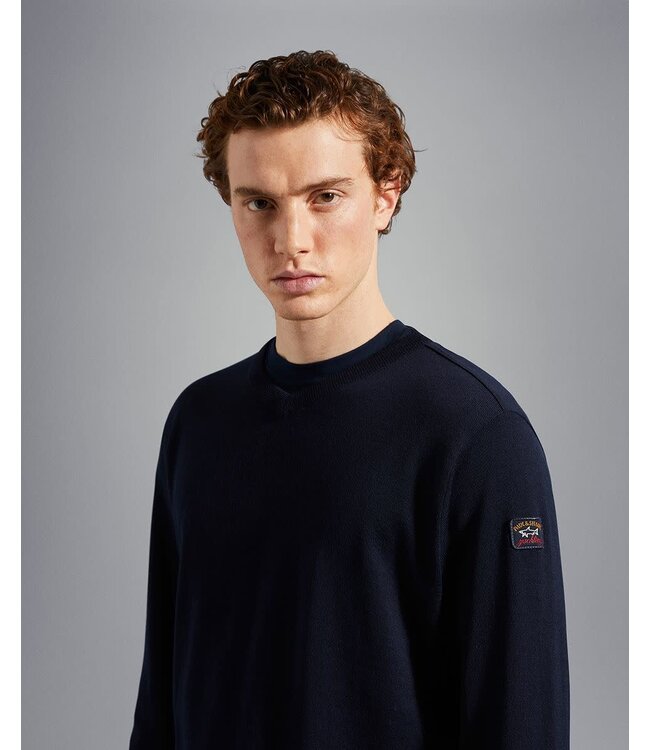 Paul & Shark 4-Seizoenen, Trui, V-Hals, Merino Wol, Donkerblauw