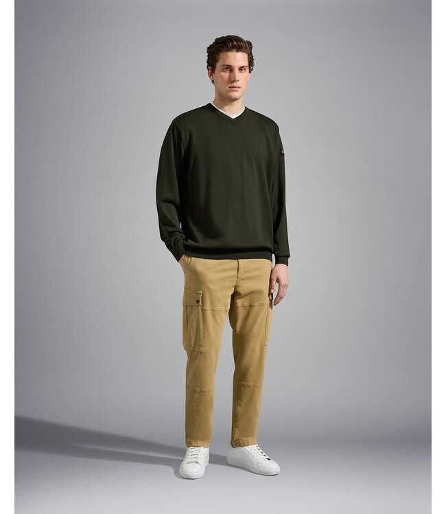 Paul & Shark 4-Seizoenen, Trui, V-Hals, Merino Wol, Militair Groen