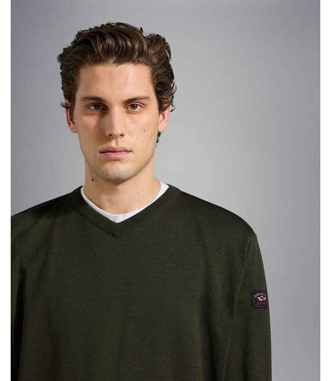 Paul & Shark 4-Seizoenen, Trui, V-Hals, Merino Wol, Militair Groen