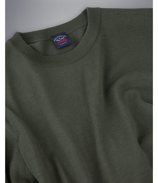 Paul & Shark 4-Seizoenen, Trui, Ronde Hals, Merino Wol, Militair Groen