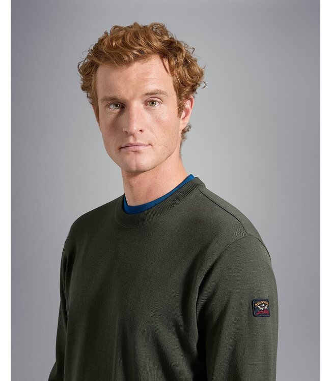 Paul & Shark 4-Seizoenen, Trui, Ronde Hals, Merino Wol, Militair Groen