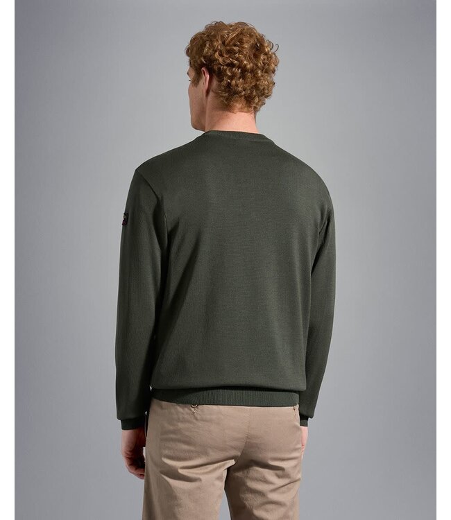 Paul & Shark 4-Seizoenen, Trui, Ronde Hals, Merino Wol, Militair Groen