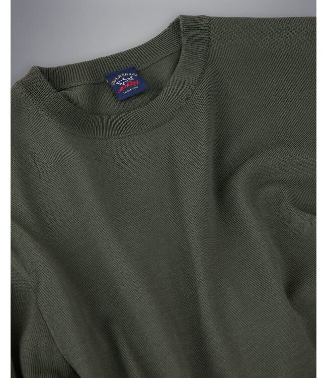 Paul & Shark 4-Seizoenen, Trui, Ronde Hals, Merino Wol, Militair Groen