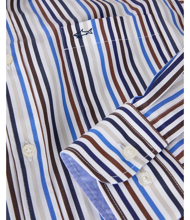 Paul & Shark Overhemd, Katoen, Blauw/Beige/Bruin Gestreept