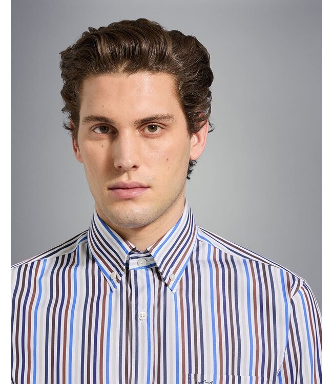Paul & Shark Overhemd, Katoen, Blauw/Beige/Bruin Gestreept