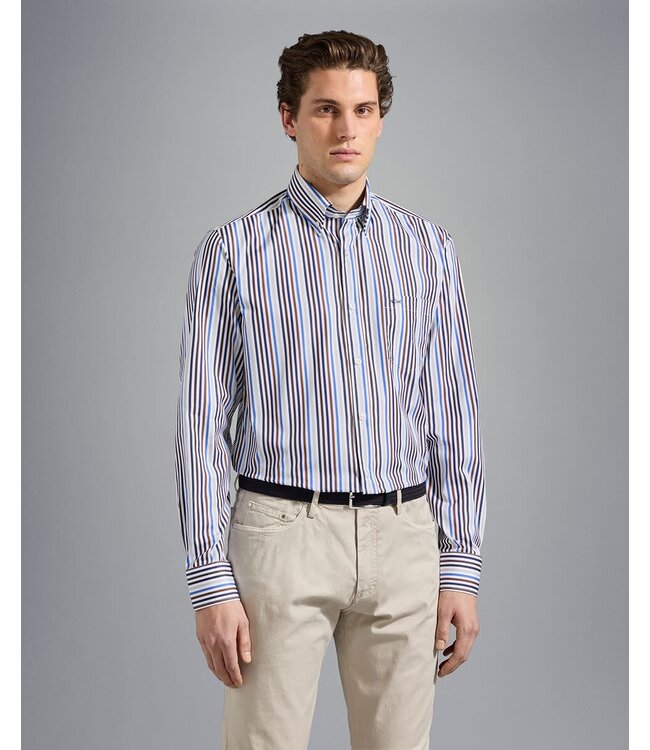 Paul & Shark Overhemd, Katoen, Blauw/Beige/Bruin Gestreept