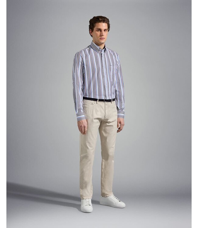 Paul & Shark Overhemd, Katoen, Blauw/Beige/Bruin Gestreept