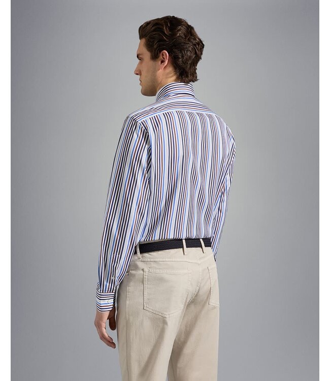 Paul & Shark Overhemd, Katoen, Blauw/Beige/Bruin Gestreept