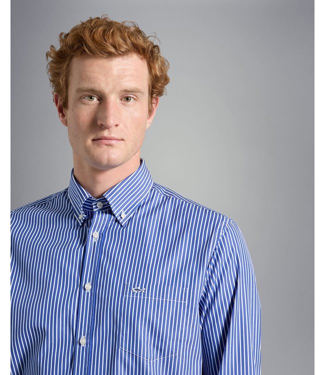 Paul & Shark Overhemd, Katoen, Blauw Wit Gestreept, Easy Care