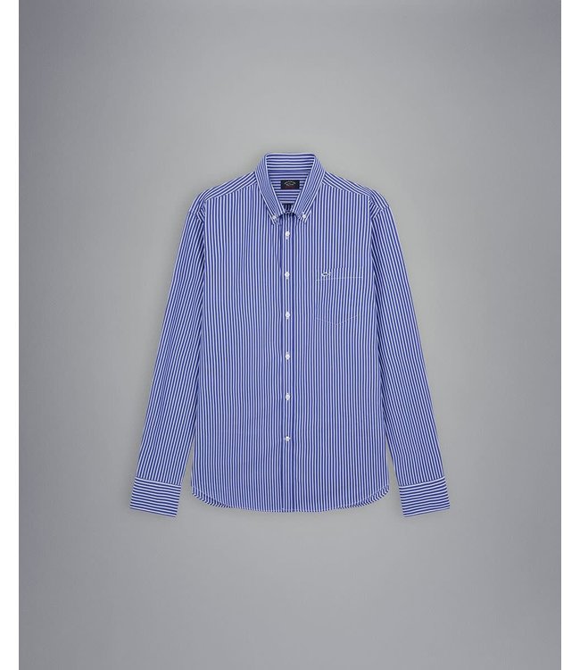 Paul & Shark Overhemd, Katoen, Blauw Wit Gestreept, Easy Care