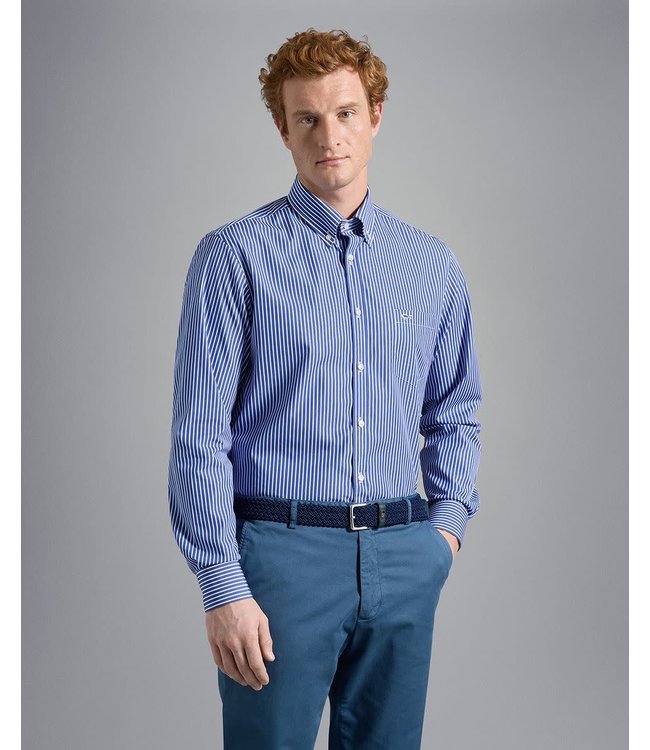 Paul & Shark Overhemd, Katoen, Blauw Wit Gestreept, Easy Care