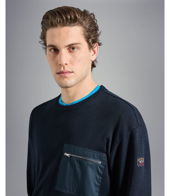 Paul & Shark Trui, Ronde Hals, Donkerblauw Borstzak met Rits