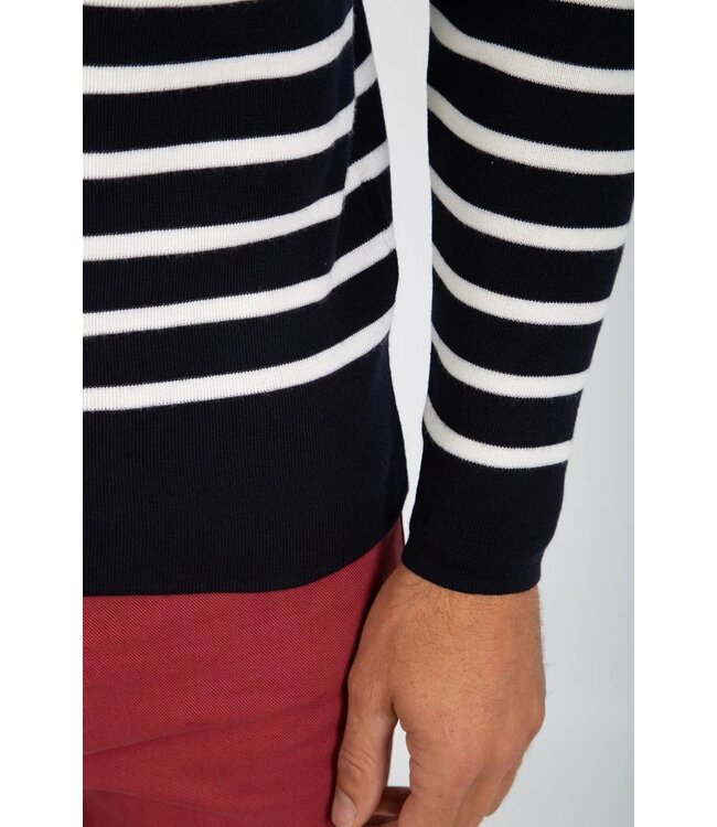 Armor Lux Trui Merino Wol, Ronde Hals, Model Goulenez, Donkerblauw Wit Gestreept