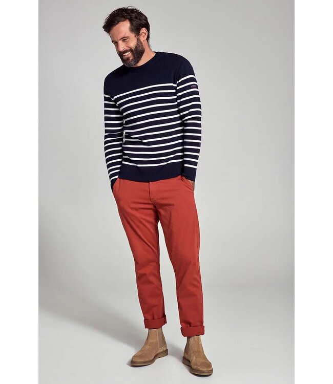 Armor Lux Trui Merino Wol, Ronde Hals, Model Goulenez, Donkerblauw Wit Gestreept