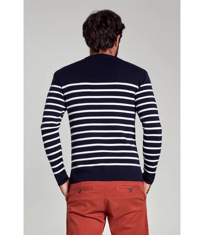 Armor Lux Trui Merino Wol, Ronde Hals, Model Goulenez, Donkerblauw Wit Gestreept