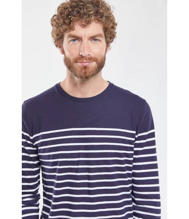Armor Lux Heren T-Shirt, Katoen, Ronde Hals, Lange Mouw, Blauw Wit Gestreept
