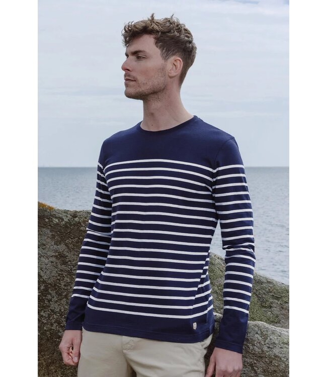 Armor Lux Heren T-Shirt, Katoen, Ronde Hals, Lange Mouw, Blauw Wit Gestreept