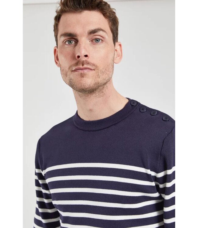 Armor Lux Trui, Ronde Hals, Katoen, Model Groix, Donkerblauw Wit Gestreept