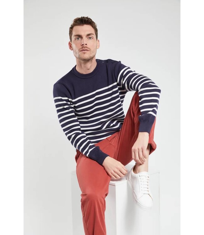 Armor Lux Trui, Ronde Hals, Katoen, Model Groix, Donkerblauw Wit Gestreept