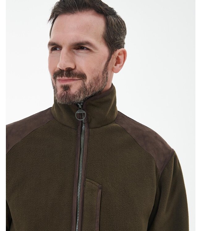 Barbour Active Fleece Jas met Rits, Olijfgroen met Bruin Alcantara Accenten