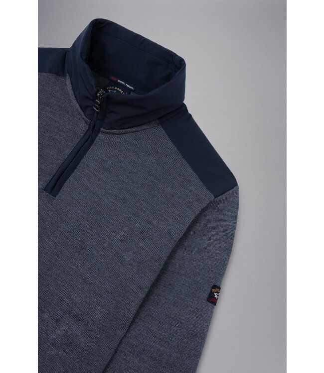 Paul & Shark Half Zip Trui, Wol, Grijs Blauwe Accenten, Typhoon 20000