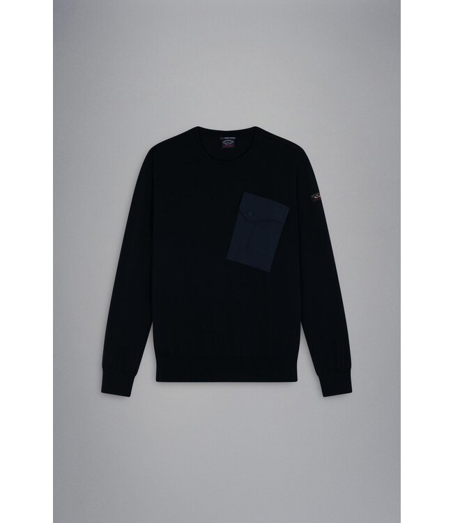 Paul & Shark Trui, Ronde Hals, Donkerblauw Borstzak met drukknoop