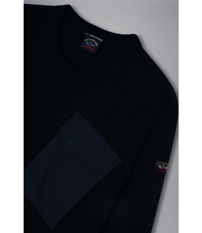 Paul & Shark Trui, Ronde Hals, Donkerblauw Borstzak met drukknoop