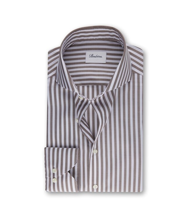 Stenstroms Overhemd, Katoen, Lange Mouw, Bruin, Wit, Gestreept, Slimline
