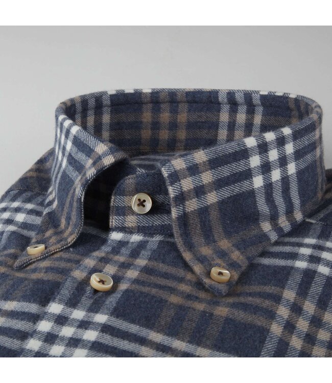 Stenstroms Flanellen Overhemd, Lange Mouw, Button Down Kraag, Blauw, Bruin, Ecru Geruit, Fitted Body