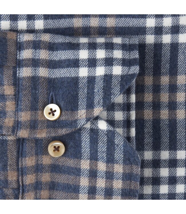 Stenstroms Flanellen Overhemd, Lange Mouw, Button Down Kraag, Blauw, Bruin, Ecru Geruit, Fitted Body