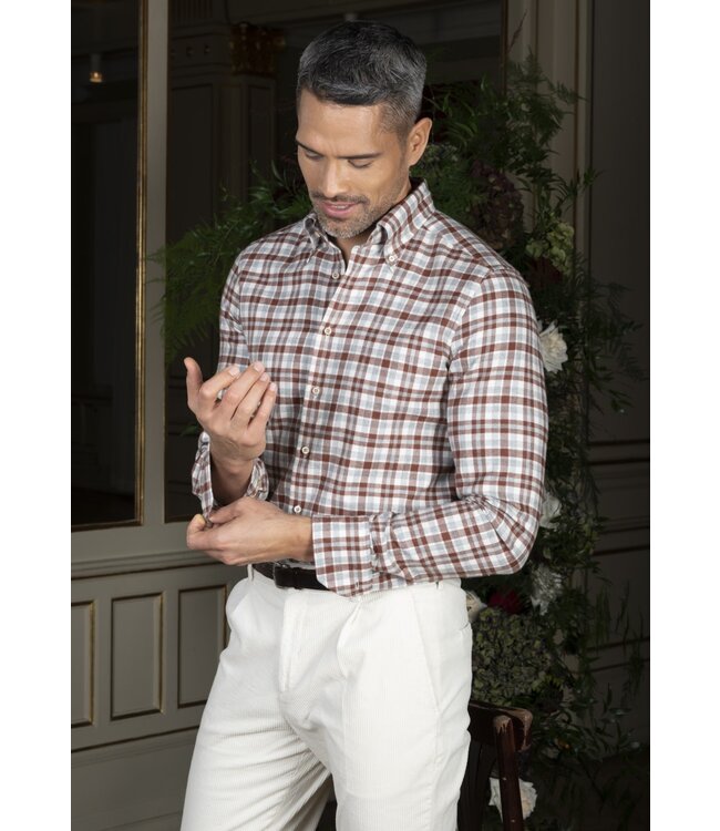 Stenstroms Flanellen Overhemd, Lange Mouw, Grijs, Ecru, Steenrood  Geruit, New Slimline Fit