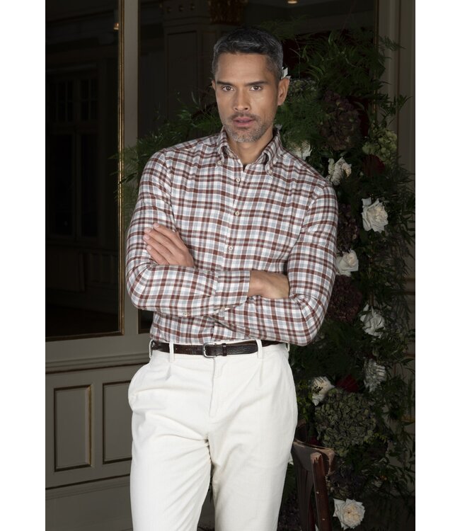 Stenstroms Flanellen Overhemd, Lange Mouw, Grijs, Ecru, Steenrood  Geruit, New Slimline Fit